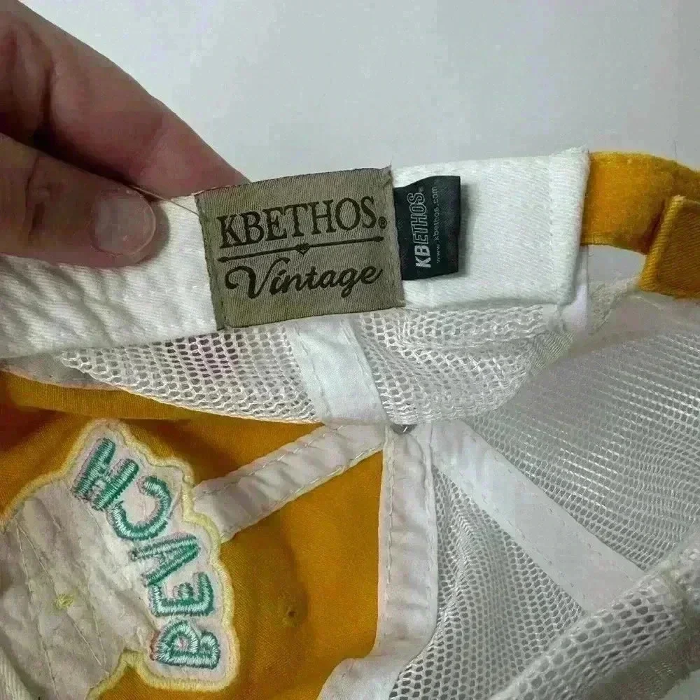 Distressed “Beach Please” Yellow and White hat with Velcro back.
